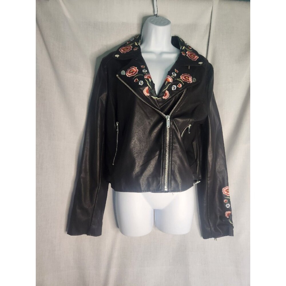 Flower Embroridery Crop Jacket Large Women Pockets Zipper Snaps @ Collar & Lapel